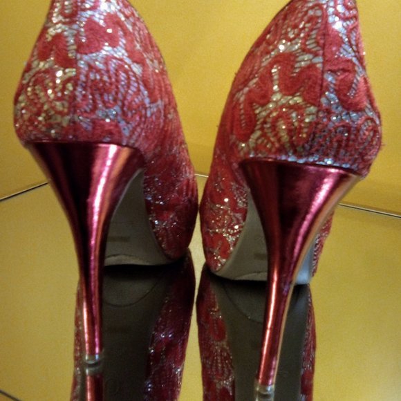 Hot Ruby Red Lace and Silver Bling High Heels - Picture 2 of 3